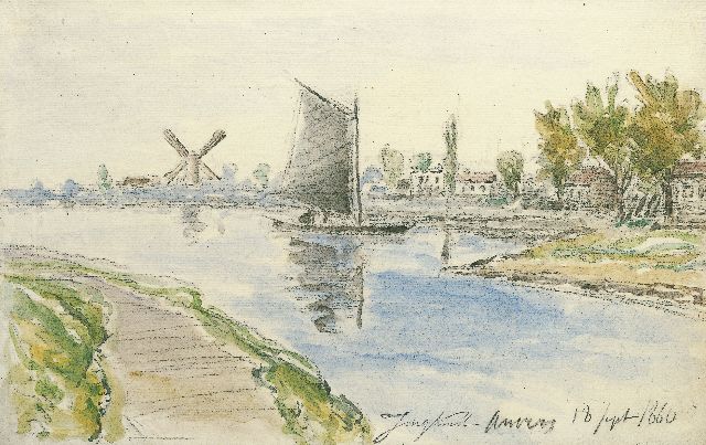 Jongkind J.B.  | A river landscape, with a windmill in the distance, Antwerpen, Kreide und Aquarell auf Papier 20,0 x 30,0 cm, signed l.r. with artist's stamp und dated 1860