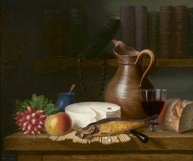 Ange Louis Guillaume Lesourd-Beauregard | Still life with a pitcher, cheese, fish and a glass of wine, Öl auf Leinwand, 46,3 x 55,2 cm, signed l.l.