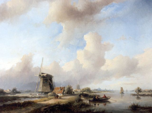 Jan Jacob Spohler | An extensive river landscape with figures by a windmill, Öl auf Holz, 56,3 x 71,7 cm, signed l.l.