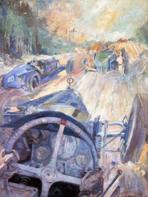 Onbekend | Race met Bugatti's, Öl auf Holz, 79,6 x 60,2 cm, gesigneerd r.o. und te dateren jaren 20