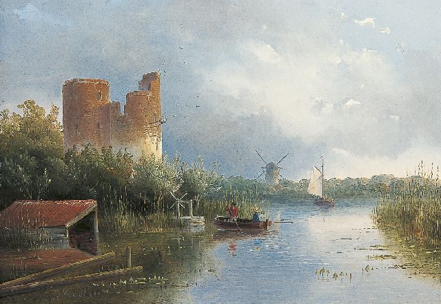 Jan Hendrik Willem Hoedt | A river landscape with fishermen, Öl auf Holz, 21,9 x 30,9 cm, signed l.l. und dated '50