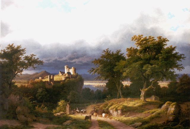 Bimmermann C.  | A landscape with cattle on a path, a castle beyond, Öl auf Leinwand 91,5 x 129,0 cm, signed l.l.