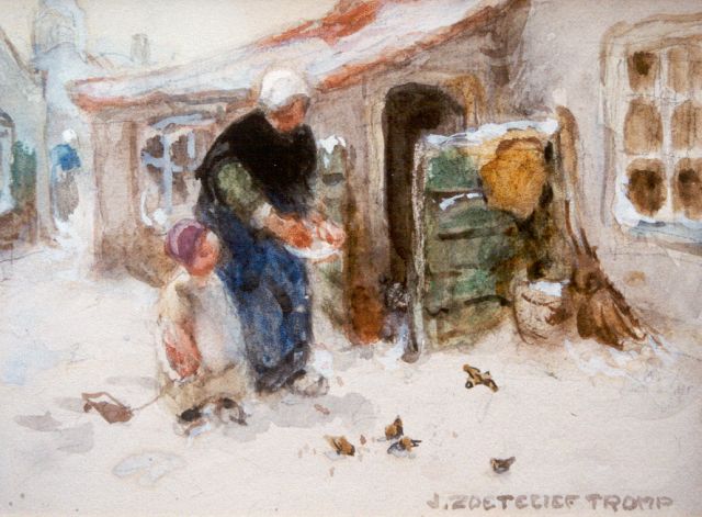 Zoetelief Tromp J.  | Feeding the birds in winter, Aquarell auf Papier 14,5 x 19,0 cm, signed l.r.