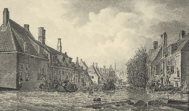Koekkoek J.H.  | The Palingstreet in Vlissingen during the 1808 flood, Sepia auf Papier 15,5 x 25,5 cm