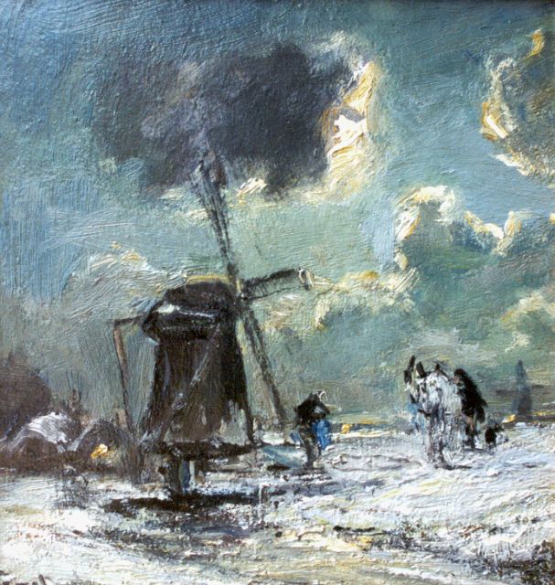 Louis Apol | A windmill in a winter landscape, Öl auf Holz, 19,0 x 18,3 cm, signed l.l.