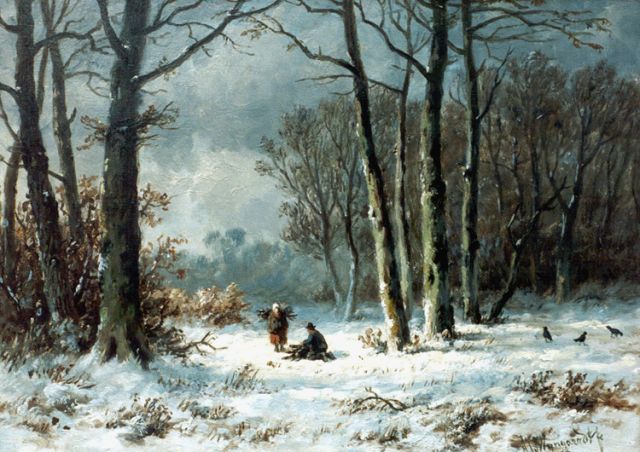 Anthonie Jacobus van Wijngaerdt | Wood gatherer in a winter landscape, Öl auf Holz, 23,6 x 33,1 cm, signed signed l.r.