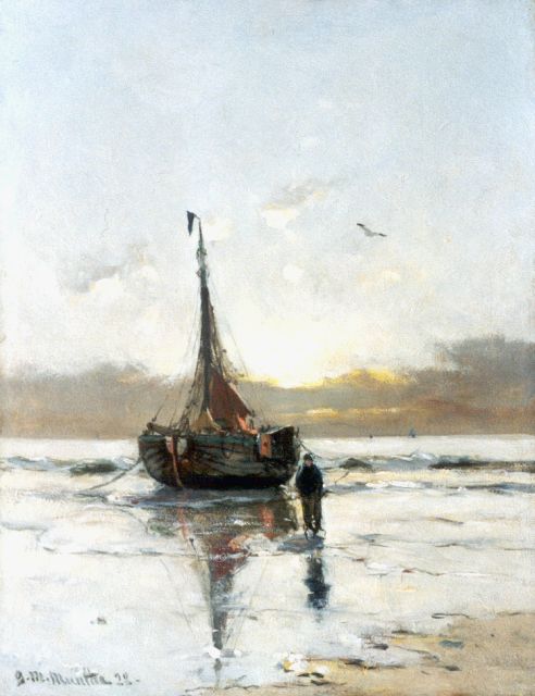 Morgenstjerne Munthe | Moored 'bomschuit' at sunset, Öl auf Leinwand Malereifaser, 35,0 x 27,0 cm, signed l.l. und dated '22