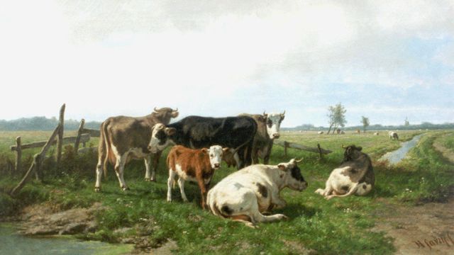 Hendrik Savrij | Cattle in a landscape, Öl auf Leinwand, 61,3 x 107,3 cm, signed l.r. and on the reverse und dated 1884 on the reverse