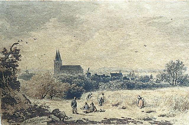 Barend Cornelis Koekkoek | View of Xanten, near Kleef, Tinte, Feder und Aquarell auf Papier, 8,0 x 12,2 cm, Unterzeichnet l.u. und datiert 1842