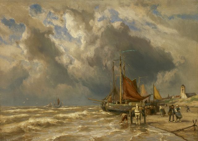 Jan H.B. Koekkoek | 'Bomschuiten' on the beach, Katwijk aan Zee, Öl auf Leinwand, 50,4 x 70,1 cm, signed l.l. and on a label on the reverse