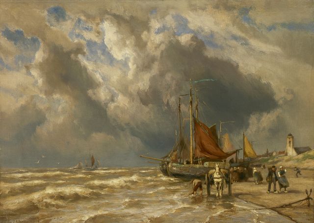 Koekkoek J.H.B.  | 'Bomschuiten' on the beach, Katwijk aan Zee, Öl auf Leinwand 50,4 x 70,1 cm, signed l.l. and on a label on the reverse