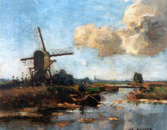 Jan Knikker sr. | A fisherman in a polder landscape, Öl auf Malereifaser, 25,3 x 28,1 cm, signed l.r.
