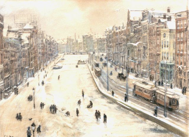 Gerard Johan Staller | Skaters on the Rokin, Amsterdam 1906, Holzkohle und Kreide auf Papier, 48,0 x 65,0 cm, signed l.l. and on the reverse und dated 1906