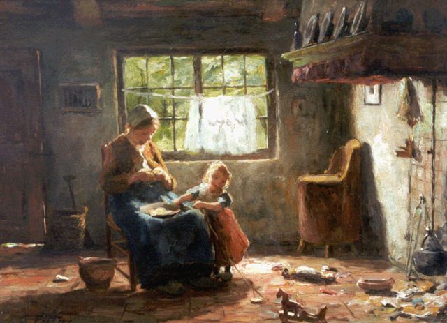 Pieters E.  | Interior with mother and child, Öl auf Holz 26,6 x 36,0 cm, signed l.l.