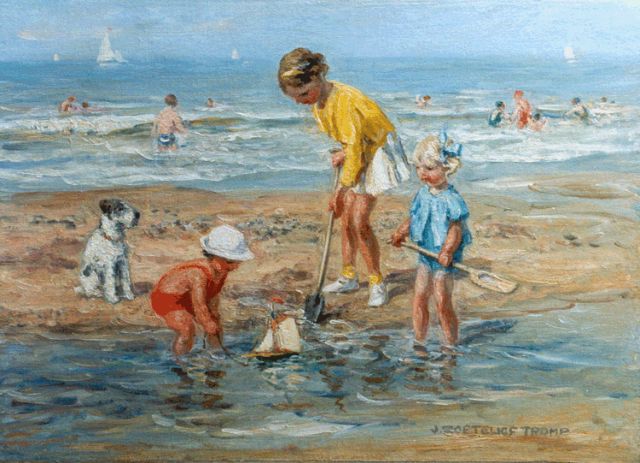 Jan Zoetelief Tromp | Children playing on the beach of Katwijk, Öl auf Leinwand, 35,5 x 50,8 cm, signed l.r.