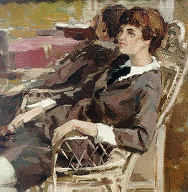 Boer H. de | A seated lady, Öl auf Leinwand 40,0 x 40,0 cm, signed u.l.