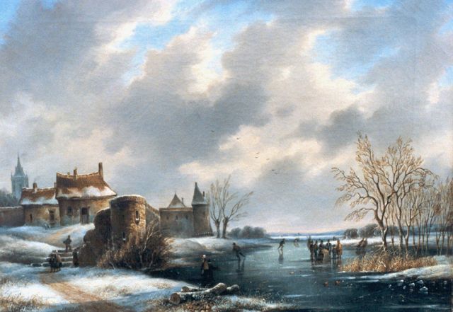 George Henry Hendriks | Skaters on a frozen waterway, Öl auf Leinwand, 42,2 x 56,3 cm