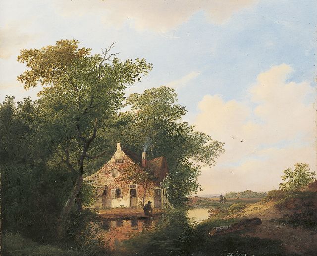 Jacobus van der Stok | A farmer's house and fisherman near a canal, Öl auf Holz, 41,8 x 50,7 cm, dated 1826
