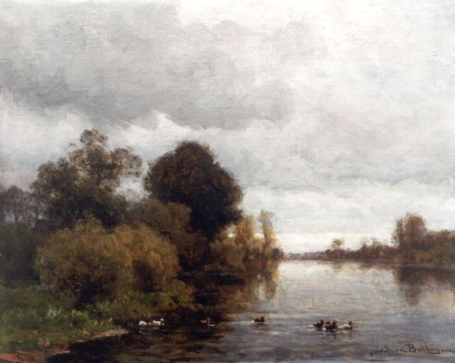 Julius Jacobus van de Sande Bakhuyzen | A river landscape, Öl auf Leinwand auf Holz, 37,2 x 45,2 cm, signed l.r.
