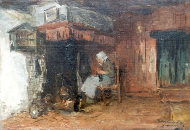 Bernard Blommers | A woman knitting by the fireplace, Öl auf Leinwand auf Holz, 30,0 x 44,0 cm, signed l.r. twice