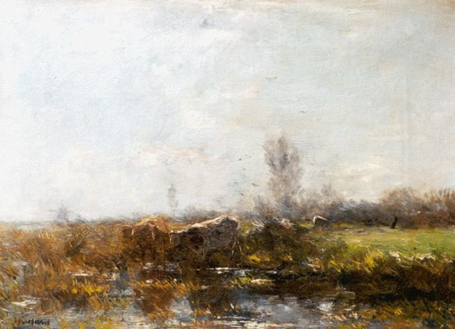 Willem Maris | Cows near a stream, Öl auf Leinwand, 32,5 x 43,8 cm, signed l.l.