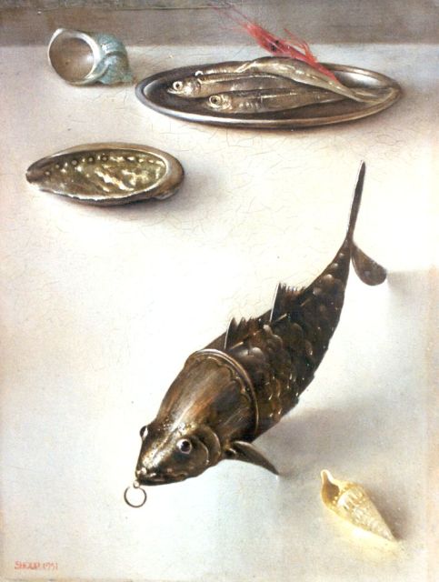 Shoup C.  | A still life with shells and bait, Öl auf Holz 22,6 x 17,3 cm, signed l.l. und dated 1951