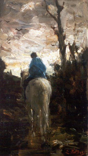 Evert Pieters | Trekpaard met ruiter op weg naar huis, Öl auf Tafel, 32,1 x 19,4 cm, gesigneerd r.o.