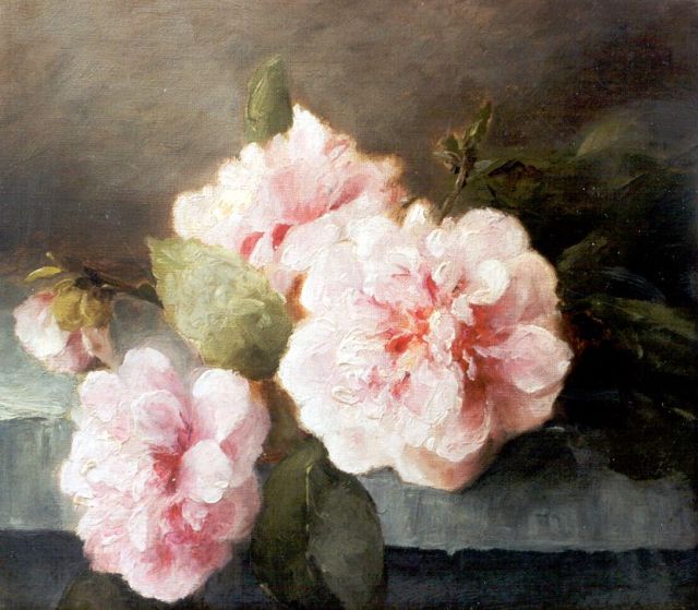 Frederika Breuer-Wikman | Pink roses on a stone ledge, Öl auf Leinwand, 24,0 x 27,3 cm