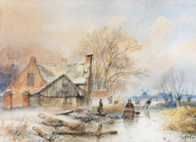 Andreas Schelfhout | A winter landscape with skaters on a frozen waterway, Aquarell auf Papier, 21,5 x 29,0 cm, signed l.l.