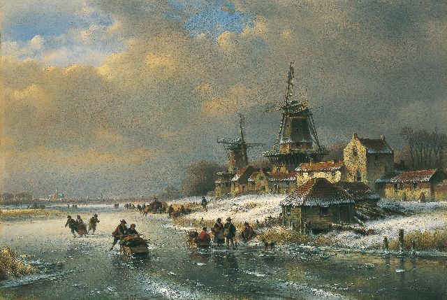 Kleijn L.J.  | A winter landscape with figures conversing on the ice, Öl auf Holz 49,2 x 73,0 cm, signed l.r.