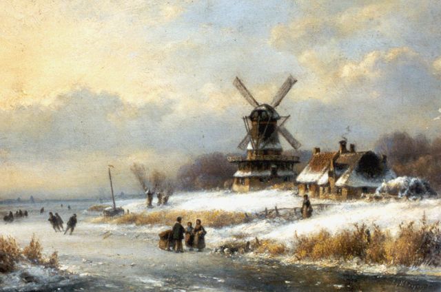 Lodewijk Johannes Kleijn | Skaters on a frozen waterway, Öl auf Holz, 22,5 x 33,2 cm, signed l.r.