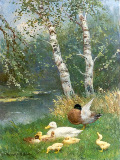 Constant Artz | Duck with ducklings on the riverbank, Öl auf Holz, 24,0 x 18,0 cm, signed l.l.