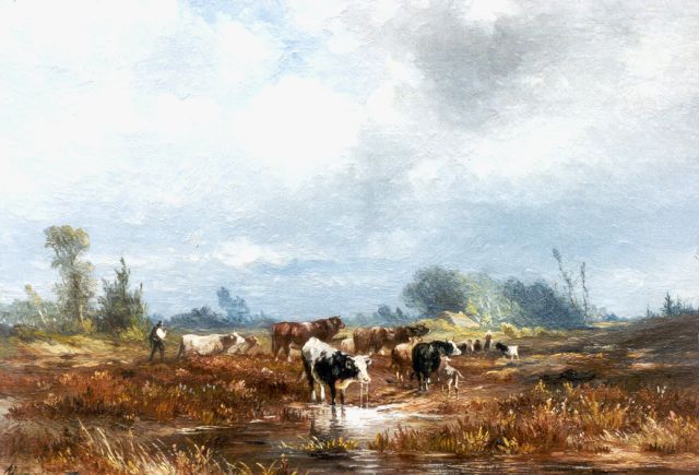 Prooijen A.J. van | Heathland with shepherds and flock, Öl auf Holz 19,7 x 28,5 cm, signed l.l.