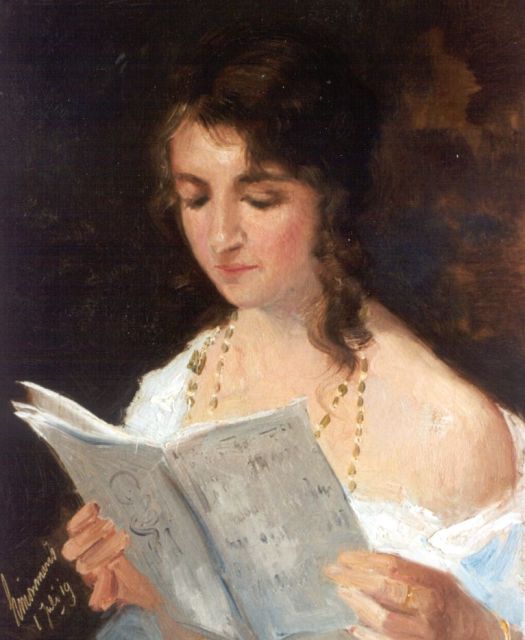 Simon Maris | A girl reading, Öl auf Leinwand, 38,0 x 31,3 cm, signed l.l. und executed on July 1st '19