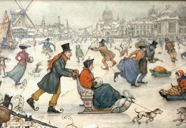 Anton Pieck | A winter landscape with figures on the ice, Bleistift und Aquarell auf Papier, 31,0 x 41,5 cm, signed l.l.