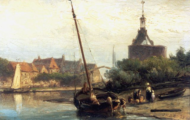 Jan H.B. Koekkoek | View of Enkhuizen, with the 'Drommedaris' beyond, Öl auf Holz, 10,9 x 16,4 cm, signed l.r. with initials und dated '80