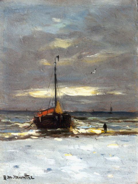 Munthe G.A.L.  | A 'bomschuit' on the beach, 20,9 x 15,8 cm, signed l.l.