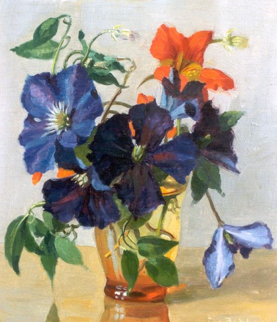 Bakker J.  | Clematis in a vase, Öl auf Holz 26,0 x 23,0 cm, signed l.r.