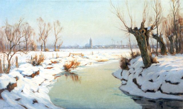 Meijer J.  | A winter landscape, with Blaricum in the distance, Öl auf Leinwand 60,3 x 100,1 cm, signed l.l.