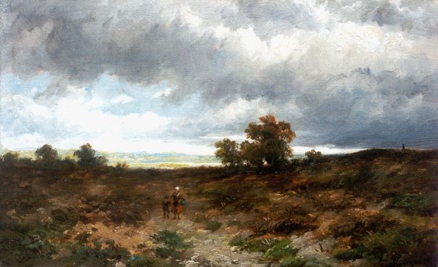 Anthonie Jacobus van Wijngaerdt | Figures in an extensive landscape, Öl auf Holz, 15,8 x 25,6 cm, signed l.r.