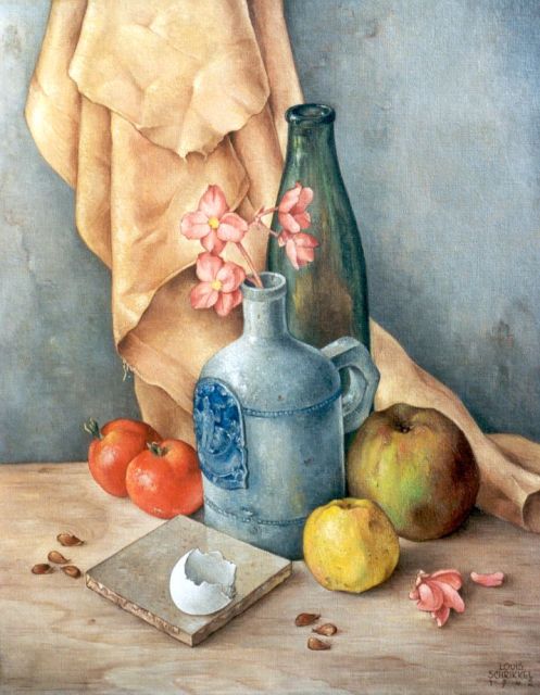 Louis Schrikkel | A still life with a jug and apples, Öl auf Leinwand, 50,0 x 40,2 cm, signed l.r. and on the reverse und dated 1942