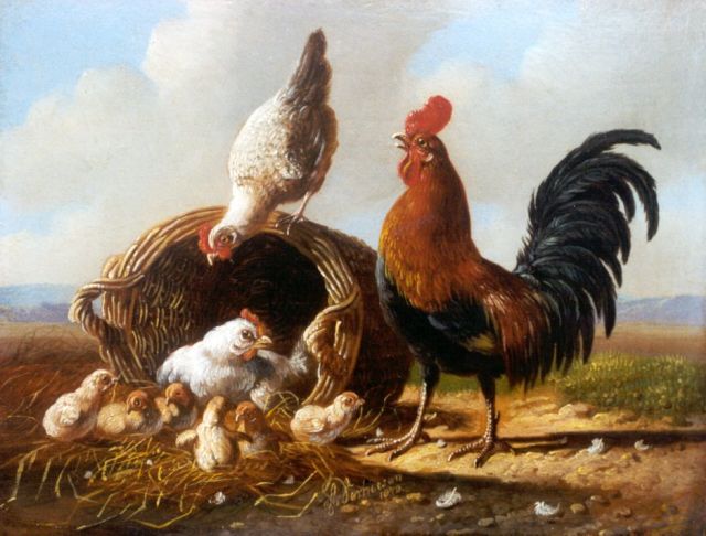 Albertus Verhoesen | A rooster, hen and chicks, Öl auf Holz, 13,5 x 17,1 cm, signed l.c. und dated 1872