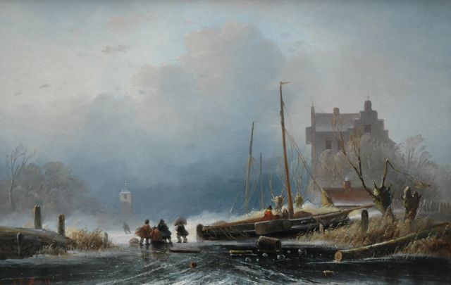 Cornelis Petrus 't Hoen | A winter landscape with an iced flatboat, Öl auf Holz, 28,1 x 43,5 cm, signed l.l. und dated '50