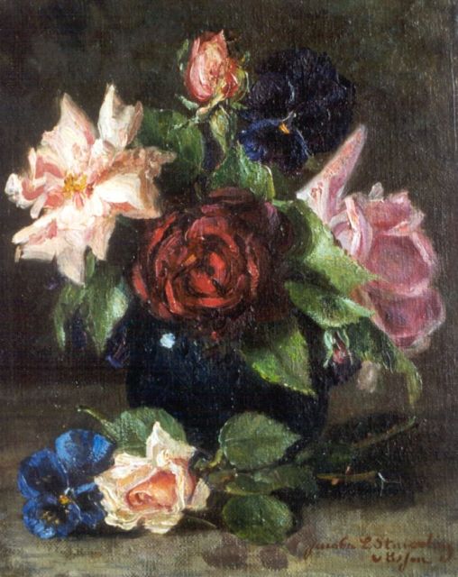 Stuiveling-van Essen L.J.  | A still life with roses, Öl auf Leinwand 25,2 x 20,2 cm, signed l.r.