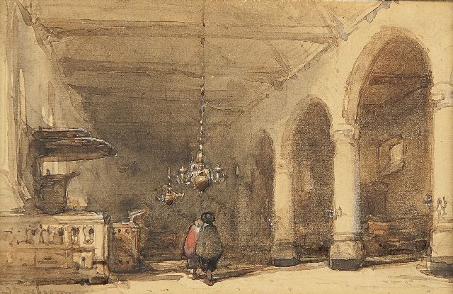 Johannes Bosboom | the Bakenesserkerk, Haarlem, with pulpit, Aquarell auf Papier, 9,0 x 13,8 cm, signed l.l.