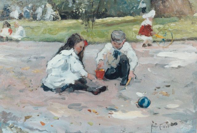 August van Voorden | Children playing in a parc, Öl auf Holzfaser, 22,5 x 32,5 cm, signed l.r. with initials