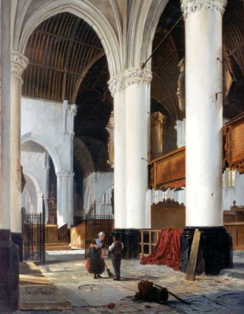 Hove B.J. van | Figures in a church interior, Öl auf Holz 47,8 x 38,2 cm, signed l.l. und dated 1836