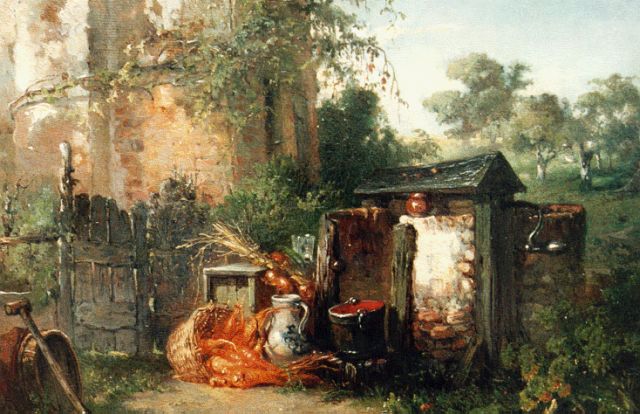 Maria Vos | Vegetables by a well, Öl auf Holz, 24,6 x 33,2 cm, signed l.l. und dated 1857