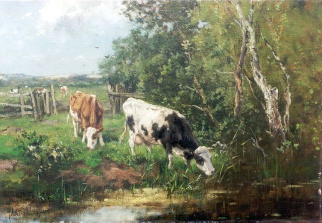 Johan Frederik Cornelis Scherrewitz | Cows on the riverbank, Öl auf Leinwand, 35,0 x 50,2 cm, signed l.l.