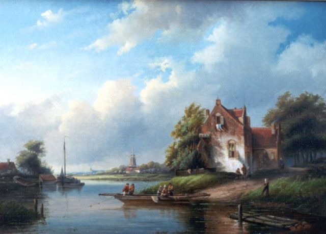 Jan Jacob Spohler | A river landscape with a ferry, Öl auf Leinwand, 56,5 x 78,5 cm, signed l.l.